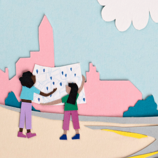 Illustration de deux jeunes fille avec une carte pour visiter les lieux d'expositions pour la manifestation les Arts en Balades à Clermont-Ferrand, Chamalières, Cournon, Vic le Comte et Thiers.